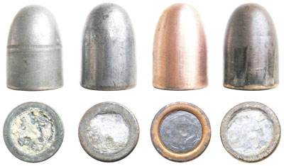  Пули патрона Ball Cartridge, Model of 1911 разных лет выпуска: ранняя модель пули с каннелюрой на оживальной части; пуля в томпаковой оболочке, покрытой оловом; пуля времен Второй мировой войны в покрытой томпаком стальной оболочке; пуля в томпаковой оболочке, прошедшая канал ствола
