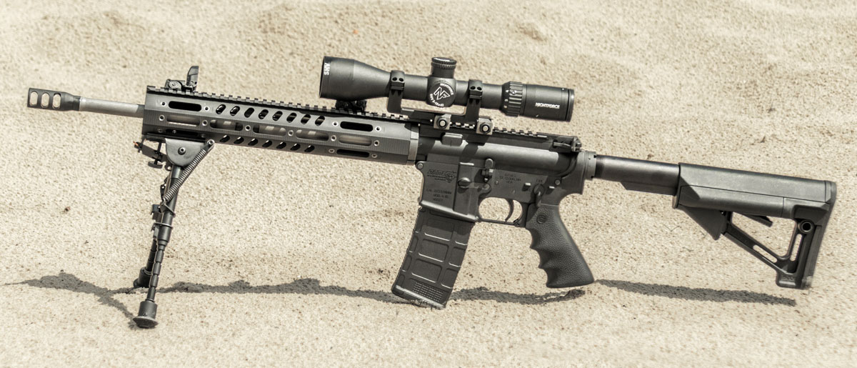 DPMS 3G2, подготовленный к полевым испытаниям (с оптическим прицелом Nightforce SHV 3-10x42 и сошками Harris)
