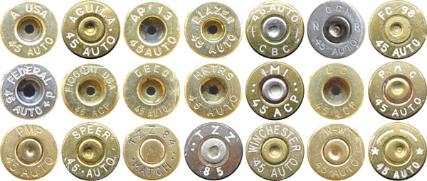  Варианты маркировки на коммерческих патронах .45 АСР: A USA — Armscor USA (CША); AGUILA — Industrias Tecnos S.A. de C.V. (Мексика); AP — Arms Corporation of the Philippines (Филиппины); BLAZER — Blazer Ammunition (США); CBC — Companhia Brasileira de Cartuchos (Бразилия); FC, FEDERAL — Federal Cartridge Co. (США); FIOCCHI USA — Fiocchi of America Inc. (США); GECO — RUAG Ammotec GmbH (Германия); HRTRS — Herters Inc. (США); IMI — Small Caliber Ammunition Division (SCA) of Israel Military Industries Ltd. (Израиль); LC — Lake City Army Ammunitions Plant (США); PMC — Poongsan Metal Manufacturing Company Ltd. (Корея); PMP — Pretoria Metal Pressing Ltd. (ЮАР); SPEER — Omark Industries , CCI-Speer / Sporting Equipment Division (США); TZZ — Small Caliber Ammunition Division (SCA) of Israel Military Industries Ltd. (Израиль); WINCHESTER, W-W — Winchester, Olin Corp. (США); *-* — Starline Brass, Inc. (США)