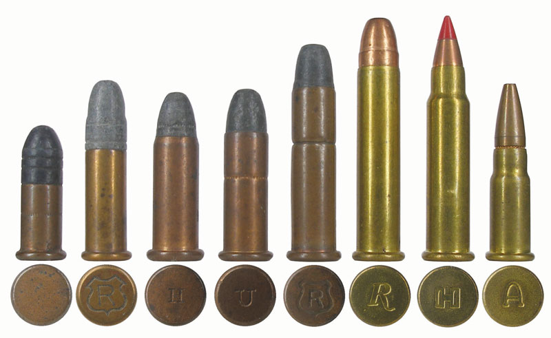  Различные «мелкашки» бокового воспламенения: .22 Short (США, 1857 г.), .22 Long Rifle (США, J. Stevens & Co., 1887), .22 Winchester Rimfire Automatic (США, Winchester, 1903 г. ), .22 Remington Automatic (США, Remington, 1916 г. ), .22 WRF; .22 Winchester Magnum Rimfire (США, Winchester Repeating Arms Co, 1959 г.); .17 Hornady Magnum Rimfire (США, Hornady, 2002 г.); .17 High Standard (Мексика, Aguila, 2003 г.)