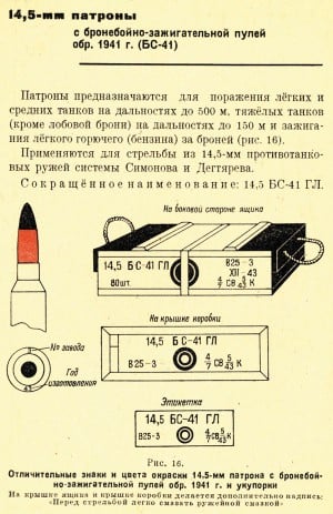  Отличительная маркировка патронов БС-41 и их тары из «краткого справочника по патронам стрелкового оружия», 1946 г. 